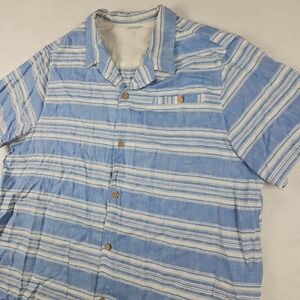 KS Island Linen Blend Button Up Mens 2XL Big Blue Striped Shirt Short Sleeve